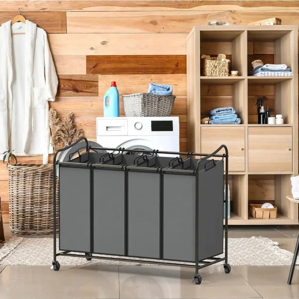 l 4-Bag Heavy Duty Laundry Sorter Rolling Cart, Organizer ， Laundry Hamper ， Laundry Basket with Wheels