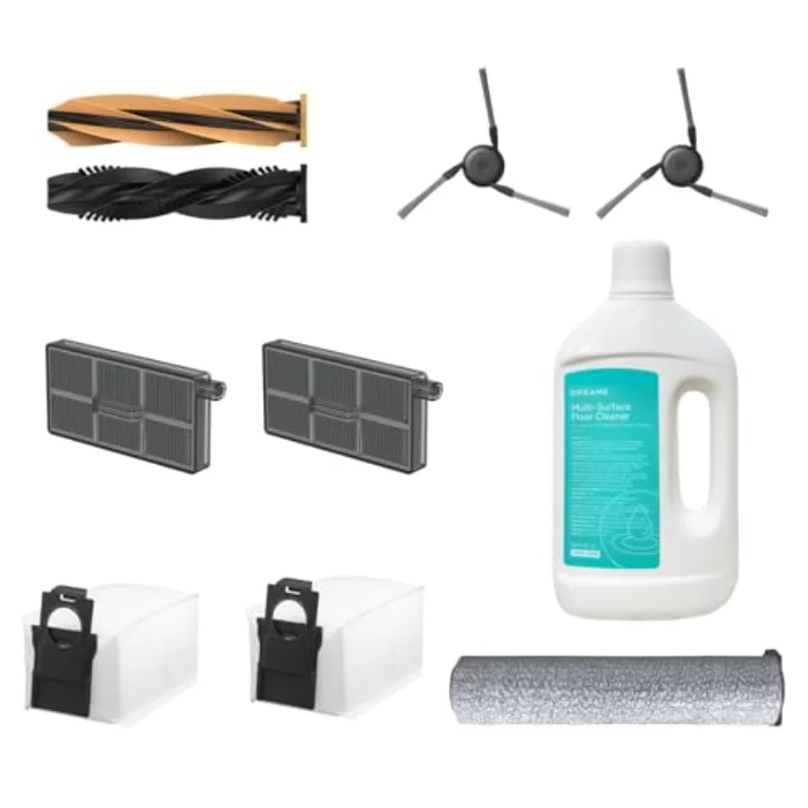 Kit di accessori per robot aspirapolvere serie Aqua10 con Duo-Brush1, spazzola laterale2, filtro contenitore polvere2, sacchetto raccoglipolvere2, panno lavapavimenti1 e soluzione detergente da 1L
