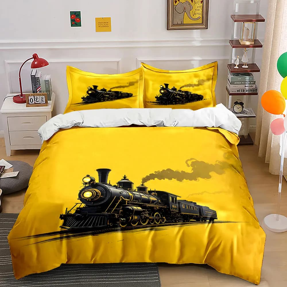 Treno a vapore nero su sfondo giallo. Set di biancheria da letto con copripiumino morbido e confortevole, include 1 copripiumino e 2 federe.