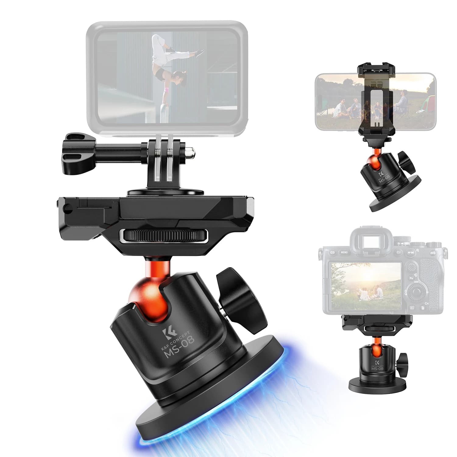 Supporto Magnetico K&F CONCEPT per Fotocamera GoPro Hero 13/12/11/10/9 Black, DJI Osmo Action 5 Pro/4/3/2, Insta360 X5/X4 360 ° Testa a sfera