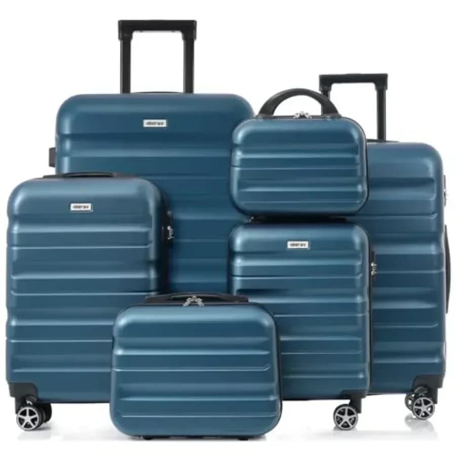 Family trips luggage set: 6 pcs hardshell ABS suitcases in black, lightweight yet durable with 8 silent spinner wheels