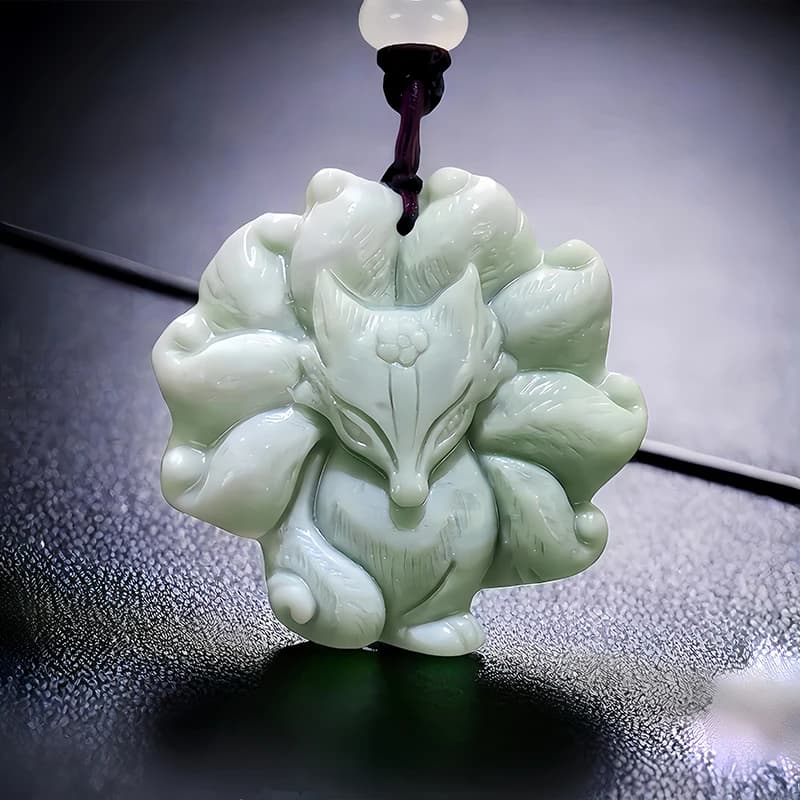 Green Natural Real Jade Nine tailed Fox Pendant Necklace Fashion Accessories Gemstones Chinese Talismans Carved Jewelry