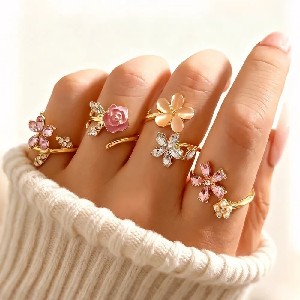 4 anelli alla moda con strass a forma di fiore, lusso discreto, anello apribile in cristallo, gioielli regolabili in lega per feste