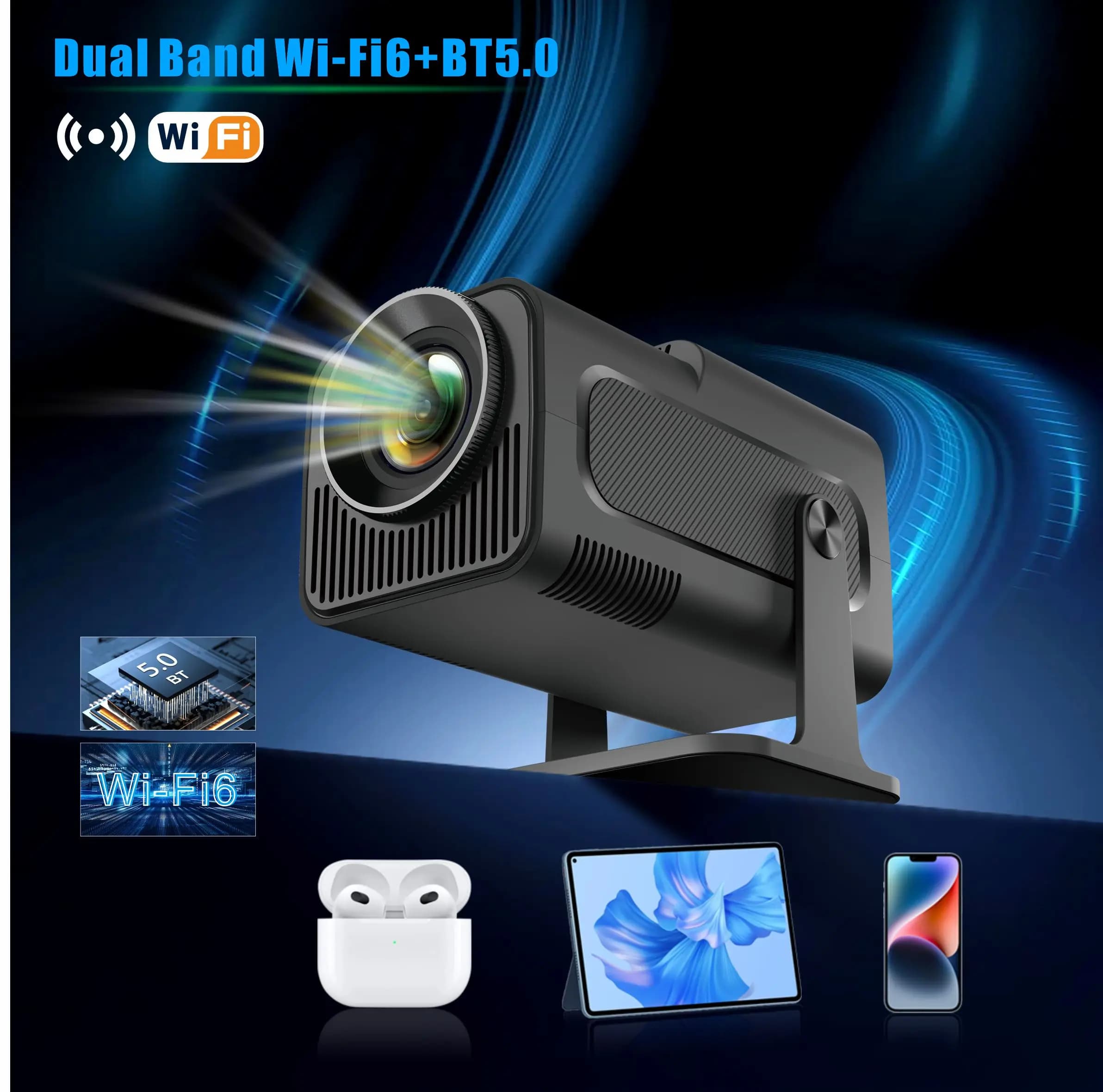 Proiettore intelligente 4K HY320 mini Android 11 Dual Wifi6 200 ANSI Allwinner H713 BT5.0 1080P 1980*1080P Home Cinema Outdoor Projetor