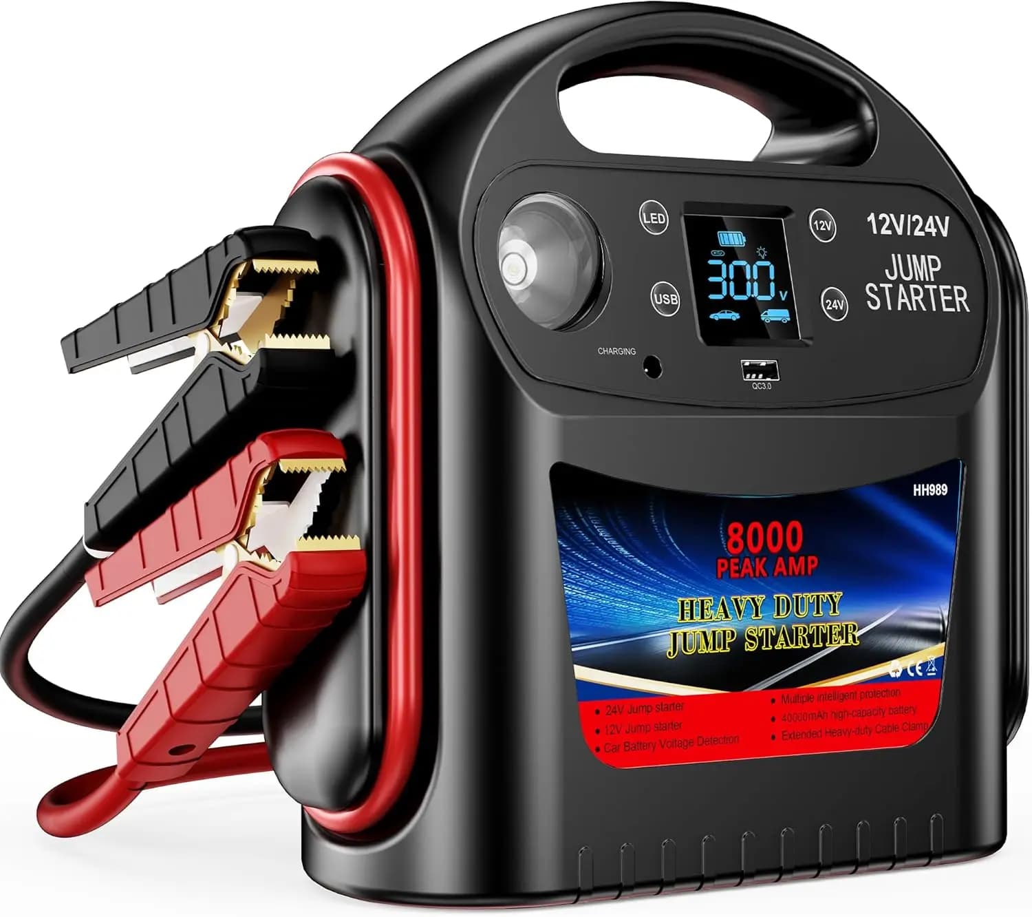 Avviatore di Emergenza per Auto 8000A per Tutti i Motori a Benzina/Diesel, 12V/24V, Alimentatore Portatile Intelligente con Luce LED