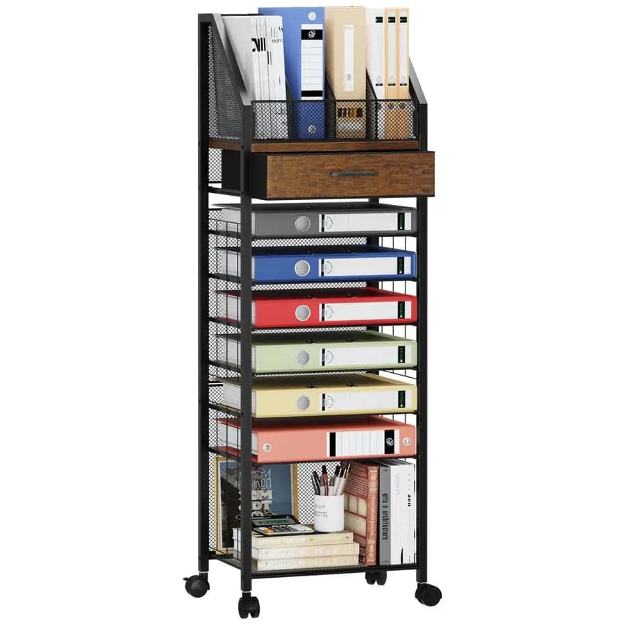 Carrello Portadocumenti a 9 Livelli con Cassetti e Vassoi, Organizzatore da Scrivania in Legno, Organizzazione Ufficio e Archiviazione per Raccoglitori