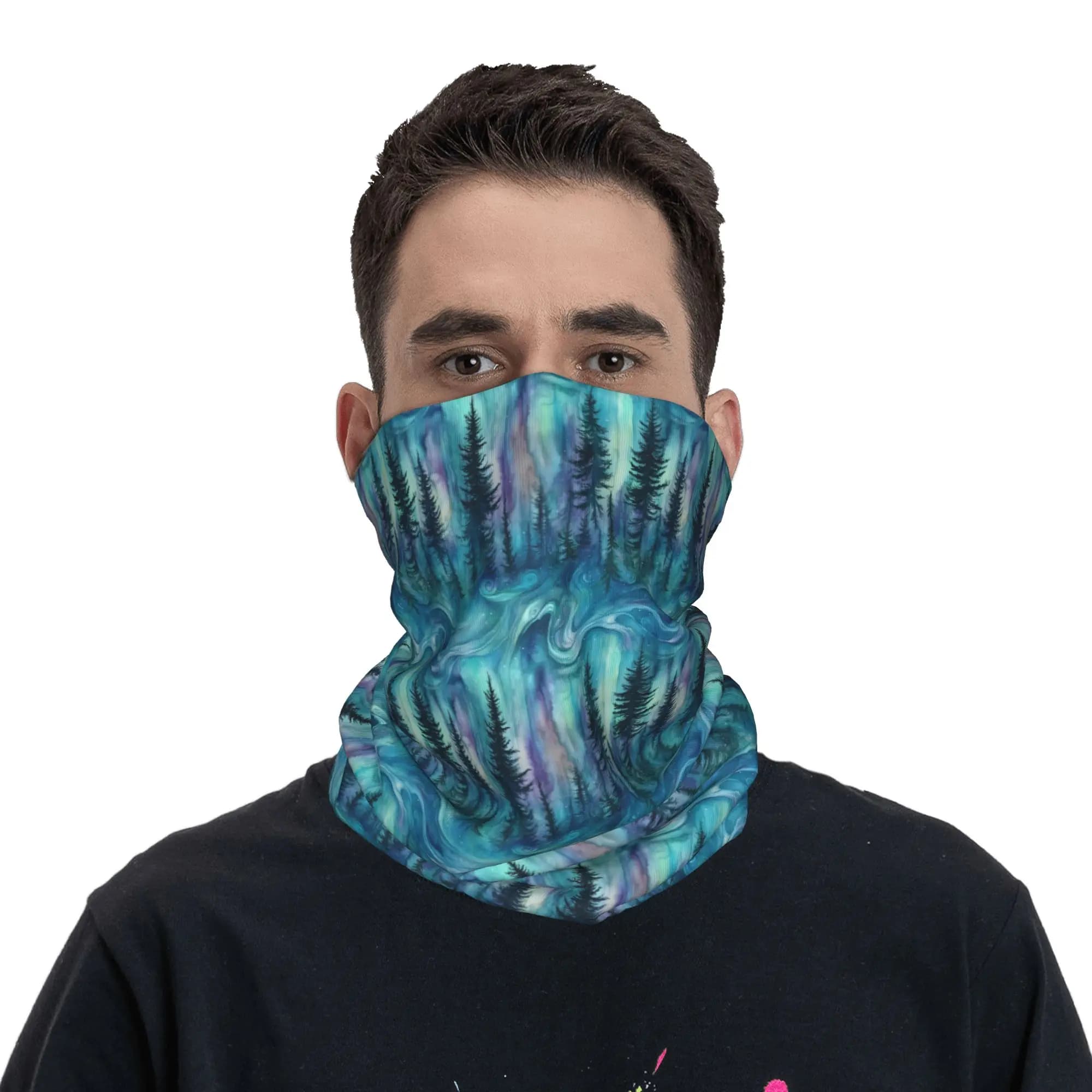 Northern Lights Forest Pattern Neck Gaiter Women Men Windproof Winter Bandana Scarf for Hiking