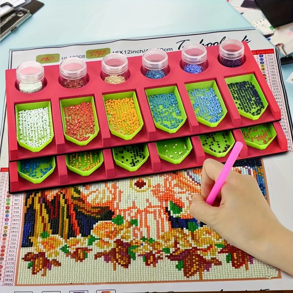 1 pz Vassoio per Diamond Painting Viola+Rosso a 6 Scomparti, Organizzatore per Accessori, in Schiuma EVA, Porta Utensili Multi-Scomparto