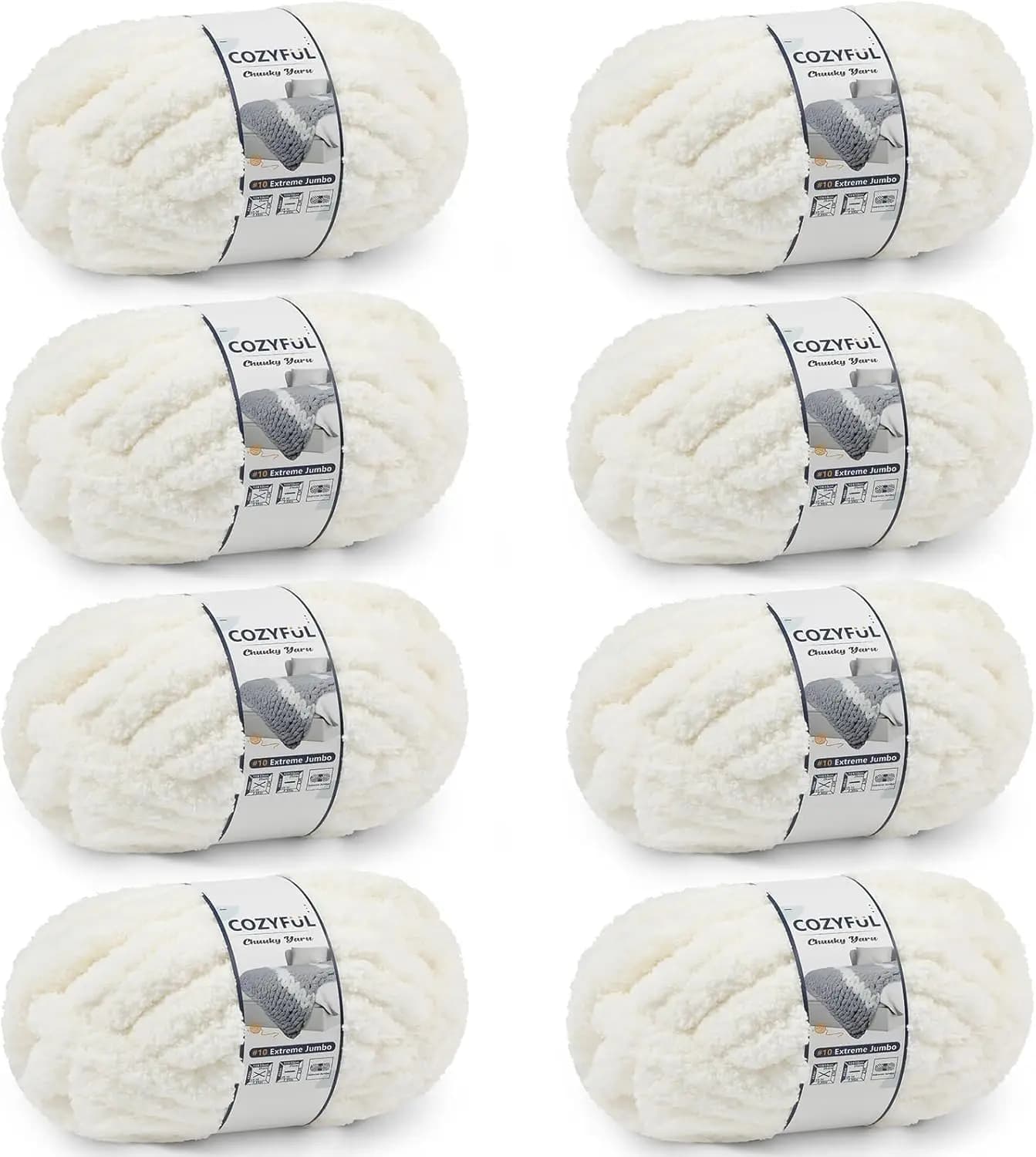 Filato ciniglia grosso per lavoro a maglia e uncinetto, filato super voluminoso per coperte, 8 rocchetti colore crema