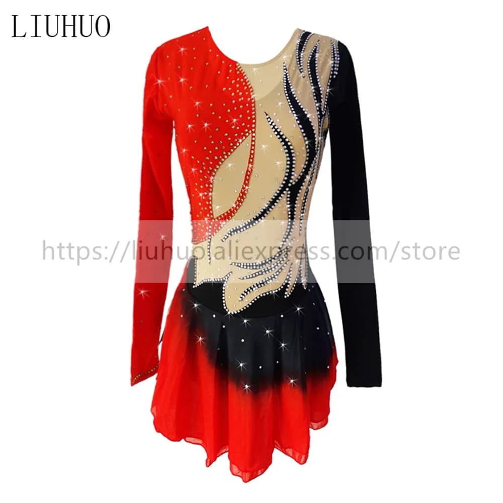 LIUHUO Pattinaggio di Figura sul Ghiaccio Vestito da Donna Ragazza Rosso Nero Danza Adolescenti Balletto Ginnastica Ritmica Concorso Body Sfumato