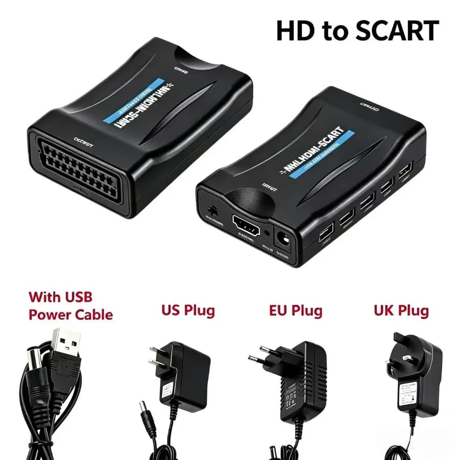 Convertitore HDMI-compatibile 1080P a Scart, Adattatore Audio Video HD con Cavo USB per TV BOX e Lettore DVD, Spina US/EU
