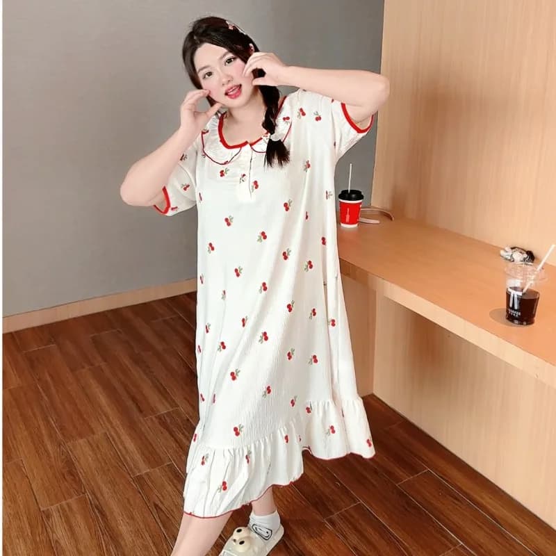 3XL-6XL Plus Size Nuvola Camicia da notte in cotone Donna Estate Dolce Ragazza Studente Stampa Homedress Colletto per bambola Manica corta Pigiama allentato