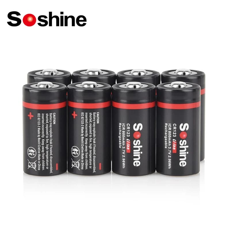 Soshine 3.7V CR123 800mAh batteria 16340 800mAh litio ricaricabile 500 ciclo di scarica per allarme fumo puntatore Laser torcia