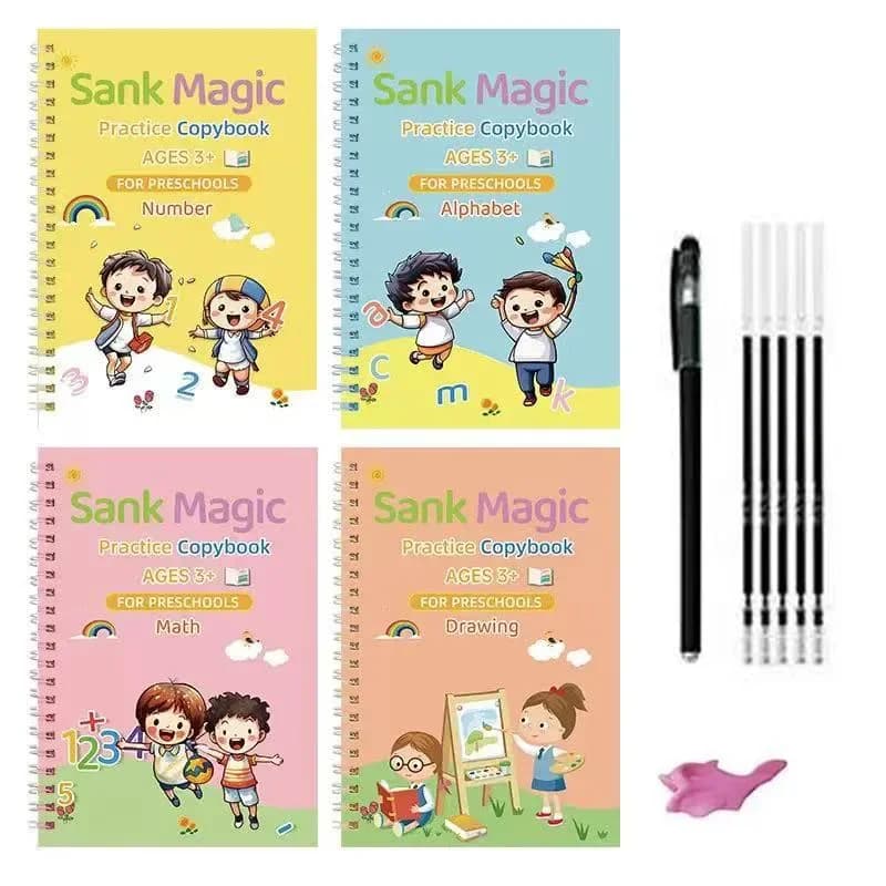 SANK Magic Writing Copybook in English Calligraphy Copy Book Montessori Kids Reusable Handwriting Practice 4 Books/Set