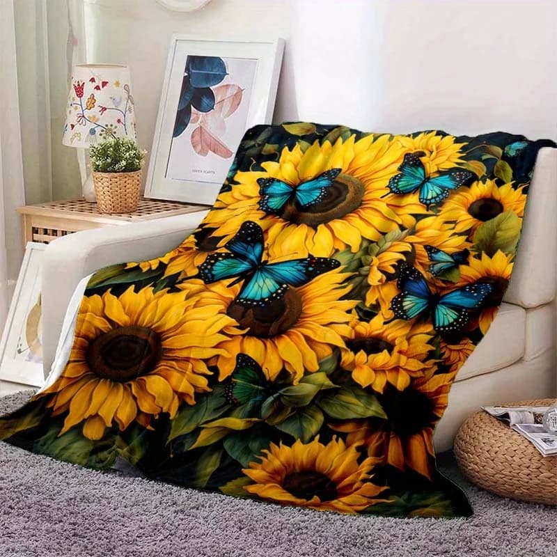 Sunflowers & Blue Butterfly Blanket - Lightweight Flannel Throw, Digital Print, Soft & Warm for Home & Travel