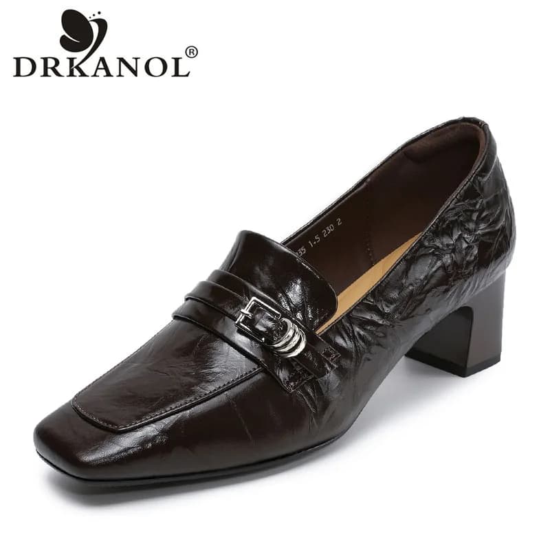 DRKANOL 2026 Scarpe con Tacco da Donna Primavera Estate, Mocassini Slip-On in Vera Pelle con Punta Quadrata e Tacco Spesso, Scarpe da Lavoro Nere