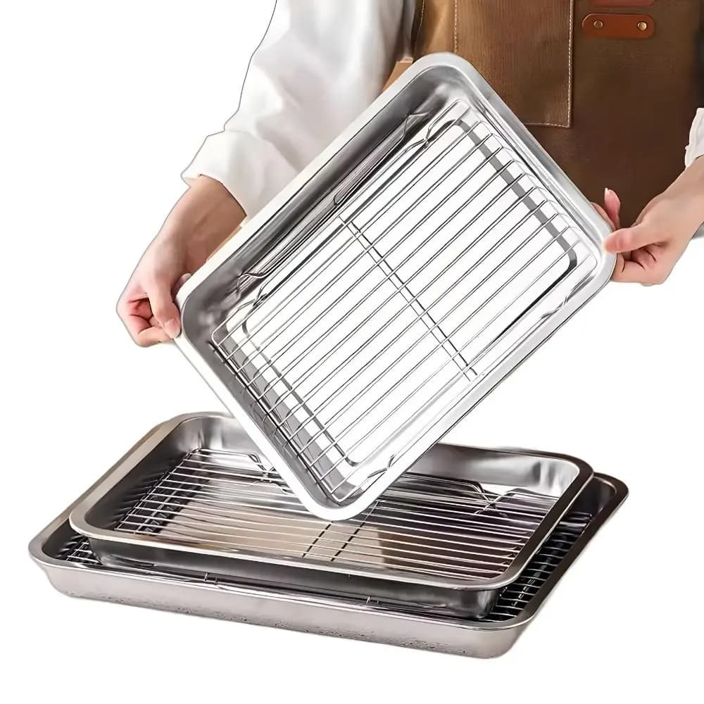 Portable Non-Stick Stainless Steel Baking Pan Removable Square BBQ Tray with Cooling Rack Oven Rack for Cooking Roasting