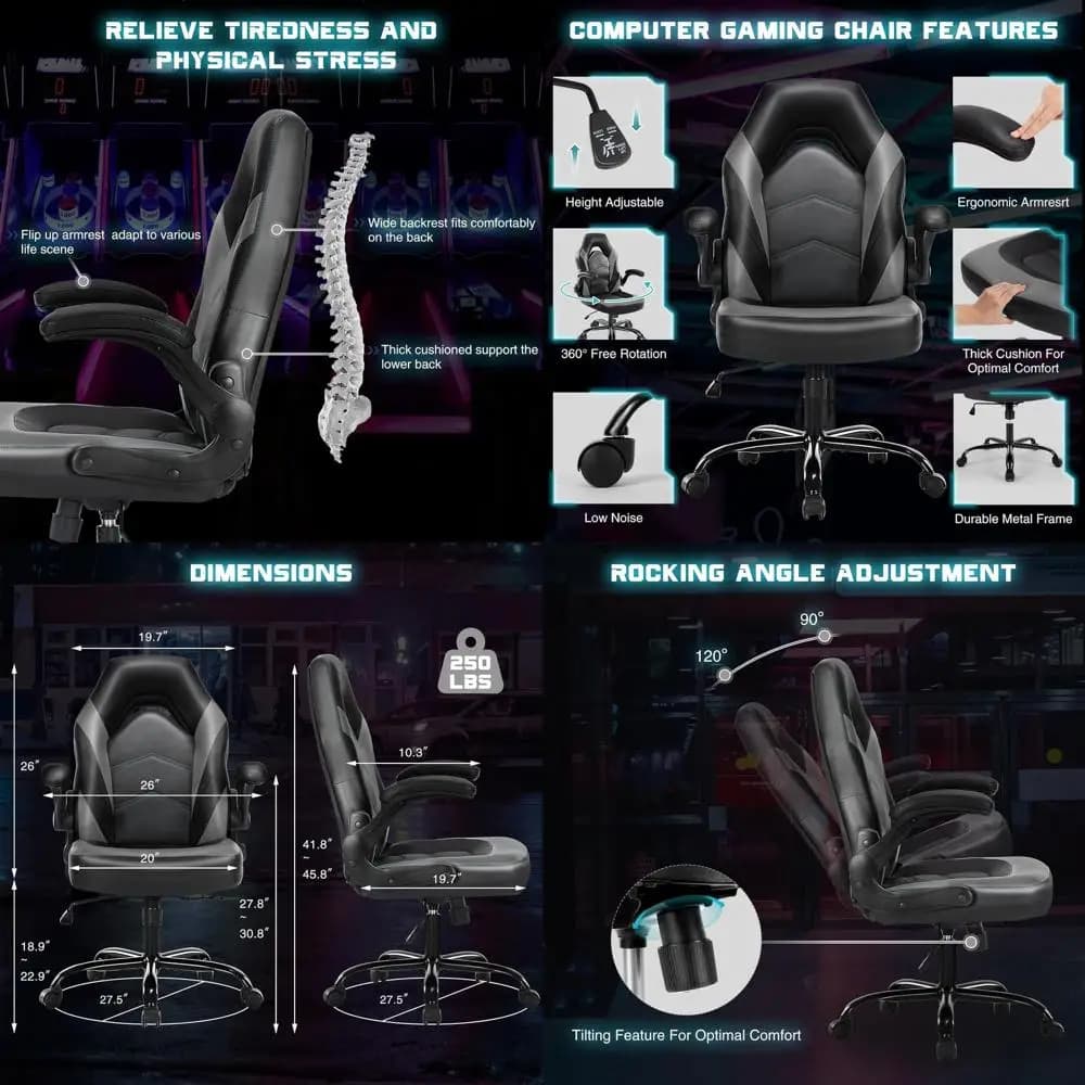 Sedia da ufficio ergonomica da gaming per adulti, altezza regolabile, sedia girevole imbottita con braccioli ribaltabili, in pelle grigia 360 ° Rollin