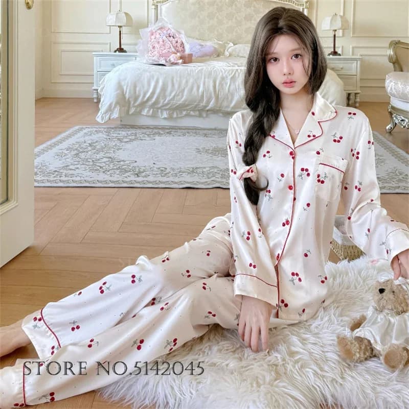 Print Cherry Pajamas Set Women's Sleepwear Spring Autumn New Silk Satin Night Clothes Pijamas Suit Loose Casul Homewear Pyjam
