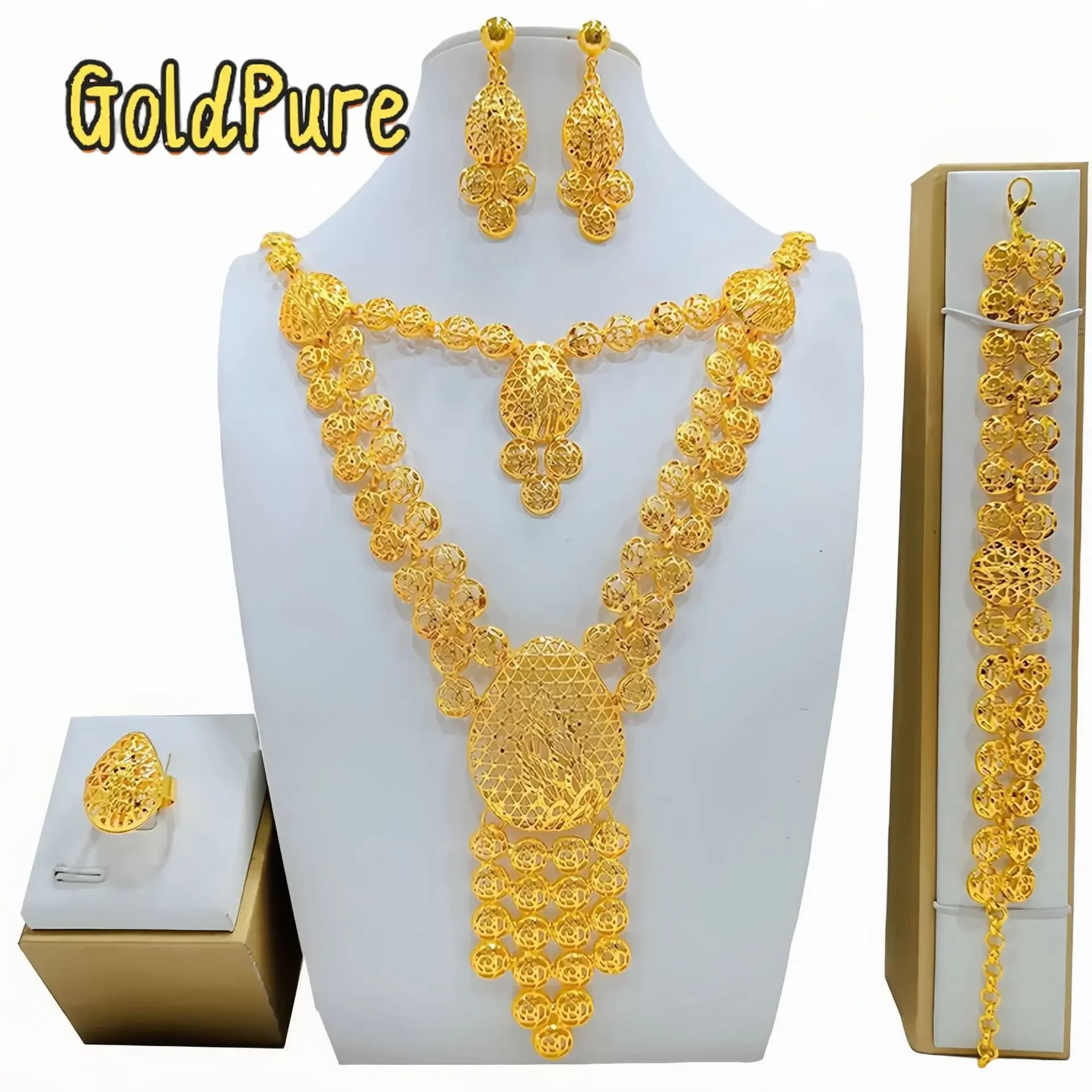 Goldpure 24K oro vero 9999, set di gioielli in oro giallo, collana lunga, bracciale, anello, orecchini, collana da sposa