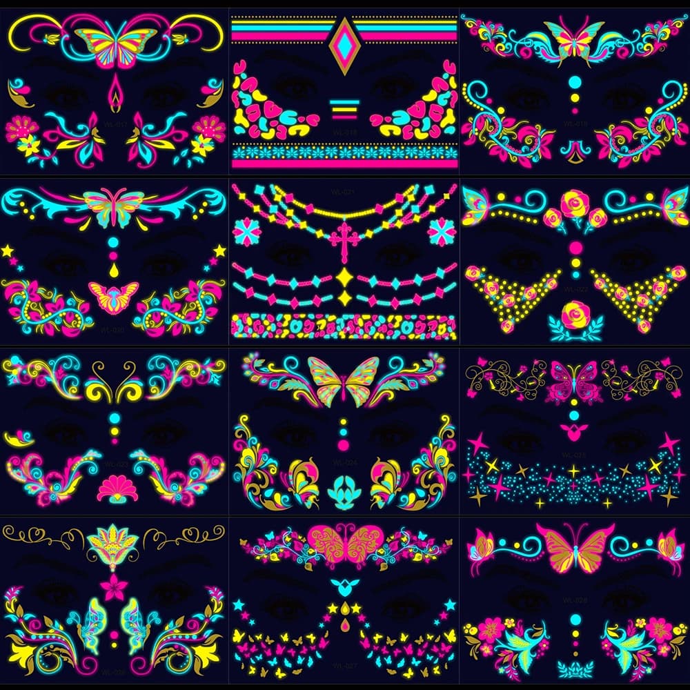 28 pezzi oro glitter polvere fluorescente impermeabile tatuaggio viso 14x15 cm farfalla/fiori adesivo per trucco fai da te partito neon viso decalcomania