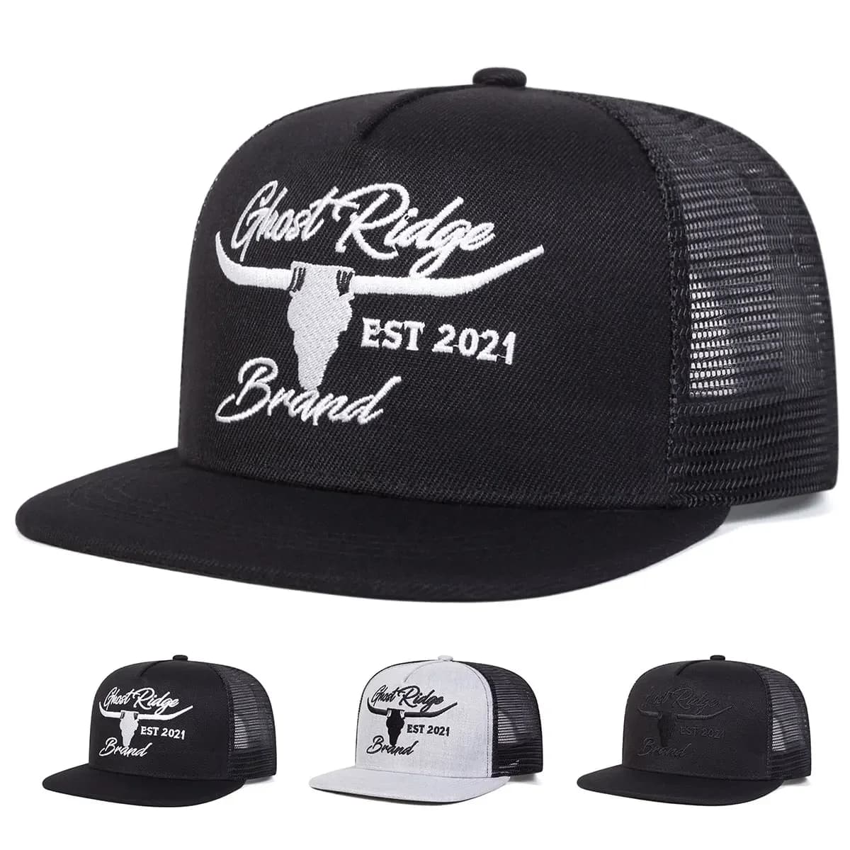Unisex Hats with Embroidery Bullhead, Hip-hop Style, Breathable Network, Adjustable, for Spring Summer, Casual, Baseball, Trucker, Solar Protection