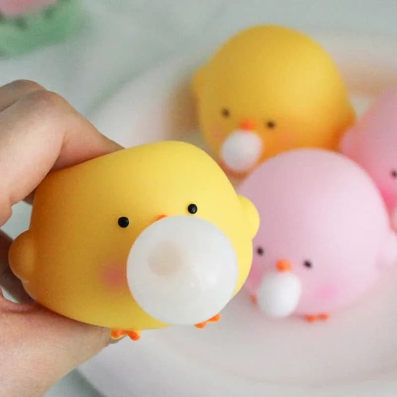 Simpatico Pulcino che Soffia Bolle, Giocattolo Antistress Squishy Pop-Out, Giocattolo da Spremere per Alleviare lo Stress, per Adulti e Bambini, Ideale come Gadget per Feste
