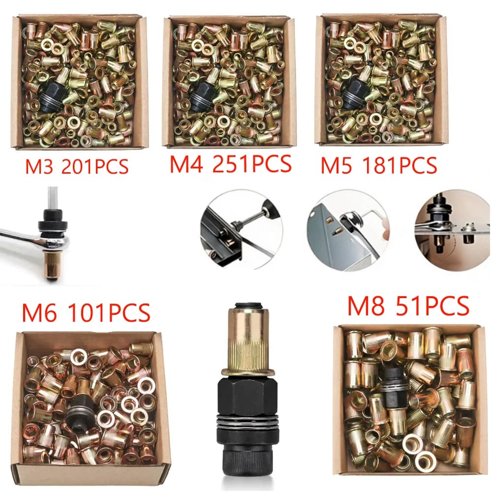 Carbon steel rivet nut set Slotted flat head thread insert Automotive sheet metal repair Furniture connection fasteners Hand too