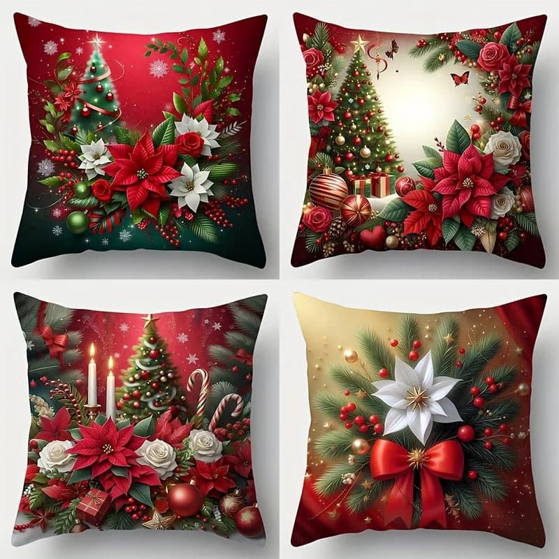 Red 4 Festive Christmas Pillow Covers Modern Style with Christmas Tree Pattern Size 45X45Cm Double-Sided Design Machine Washable