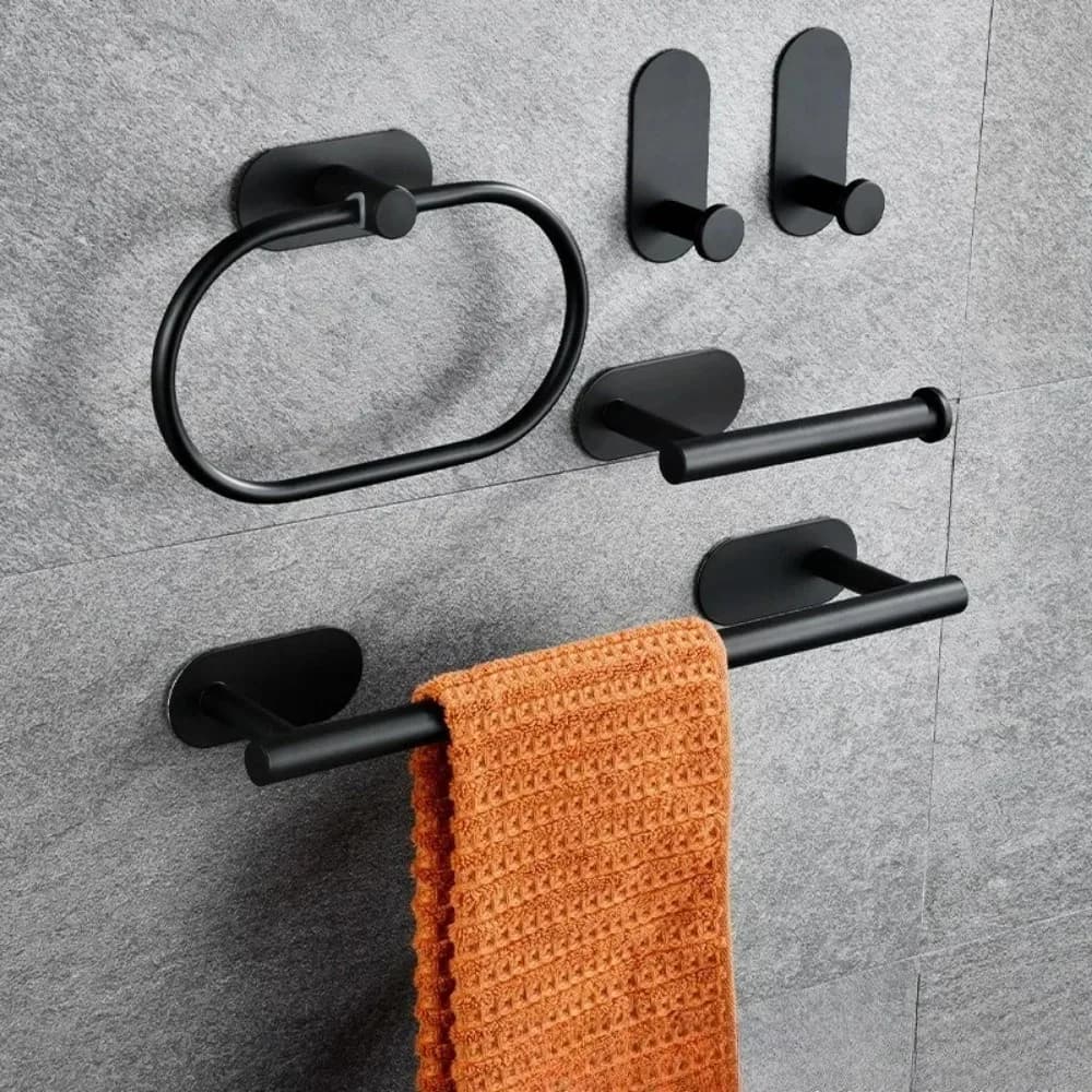 Portasciugamani da Bagno in Acciaio Inossidabile, Adesivo, Nero, con Anello e Barra, Accessori per Cucina e Bagno
