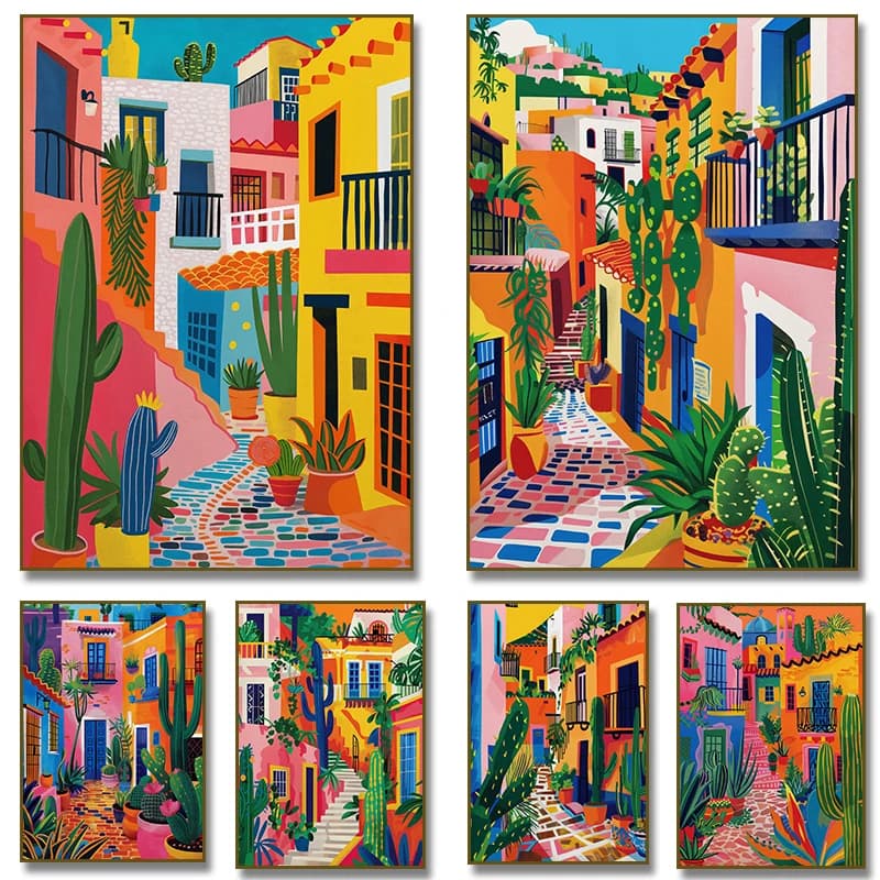 Colourful Mexican Street Cactus Poster Wall Art Picture Architecture Boho Canvas Painting Print for Living Room Home Decor