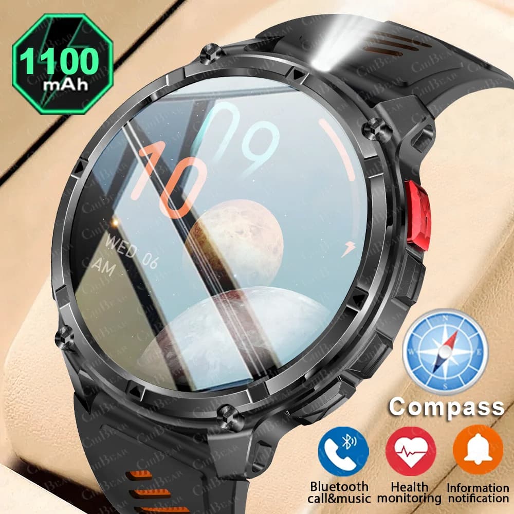1100mAh Batteria Astuto Della Vigilanza 1.7 Pollici 360*360 AMOLED HD Schermo Orologio Da Uomo Bussola 1ATM Impermeabile Chiamata Bluetooth Sport Smartwatch