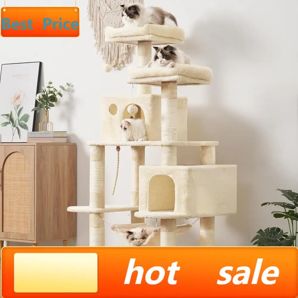 Promozione: Tiragraffi per Gatti Multilivello con Pali in Sisal, Cuccette in Peluche, Amaca - Beige