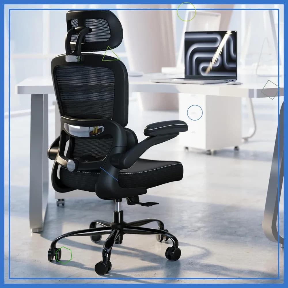 Sedia da ufficio ergonomica con poggiatesta regolabile, supporto lombare e braccioli ribaltabili - Comfort in rete per casa o gaming (Nero)