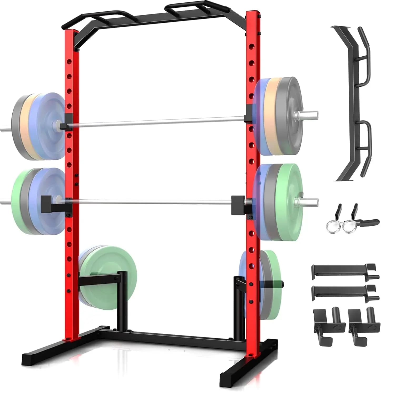Multifunction Squat Rack, Power Cage with Adjustable Bench, Traction Bar, J and Other Hooks, Customizable