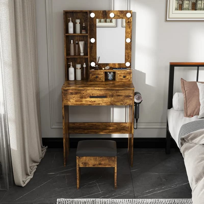 Toeletta Vintage con Specchio LED Regolabile, Presa Integrata, Porta Asciugacapelli e Sgabello – Scrivania Compatta per Piccole Camere da Letto