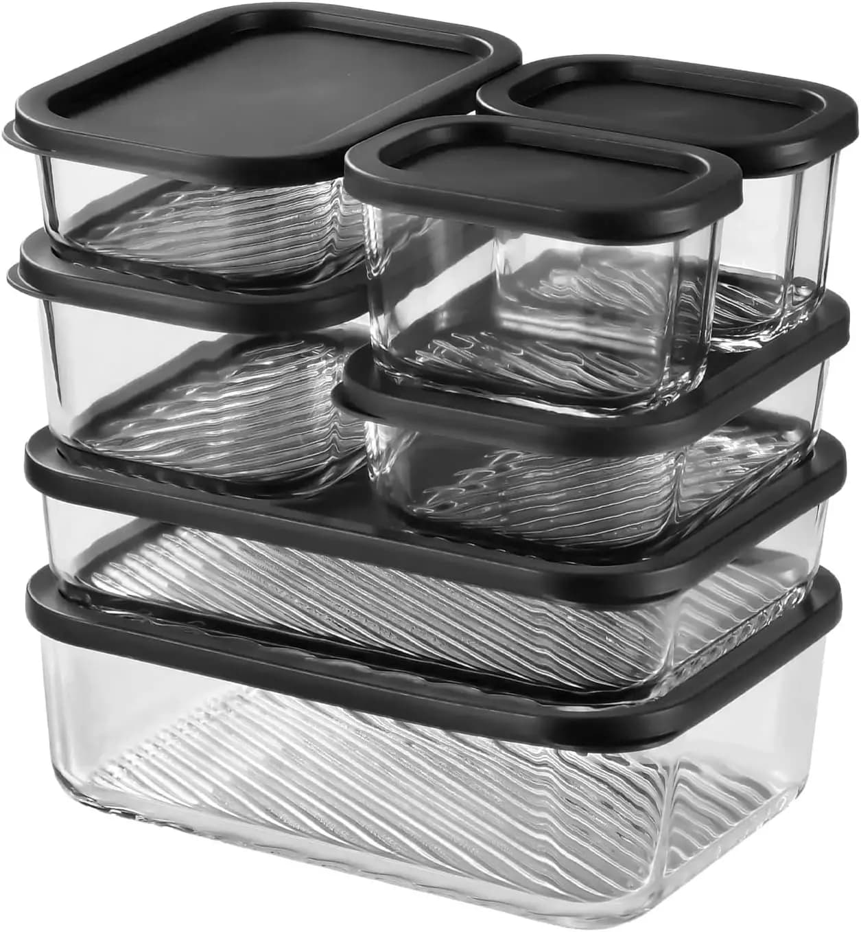 Set di 7 Contenitori in Vetro per Preparazione Pasti con Base Scanalata, 7 Contenitori Impilabili in Vetro Senza BPA con Coperchi per Pranzo, Dispensa