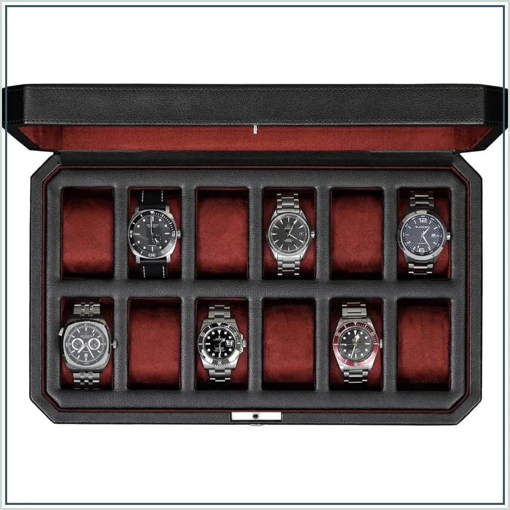 Luxury 12-Slot Watch Box - Leather Display Case with Microsuede Liner, Travel Organizer for Men (Black/Red)