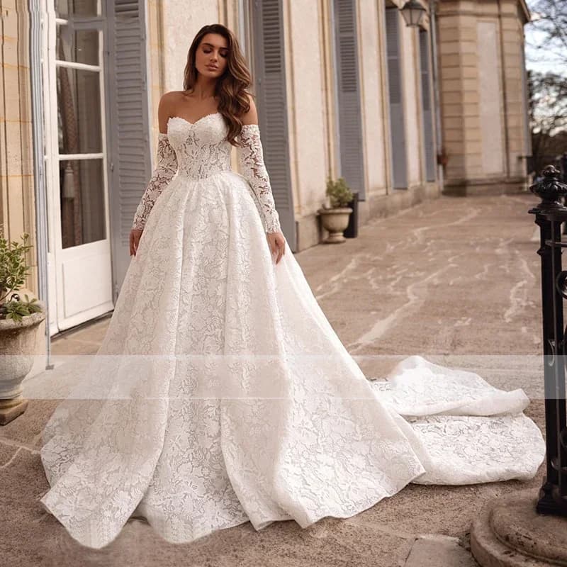 Personalizzato lussuoso innamorato vestido de novia manica lunga a-line abiti da sposa in pizzo 2025 Sweep Train principessa abito da sposa