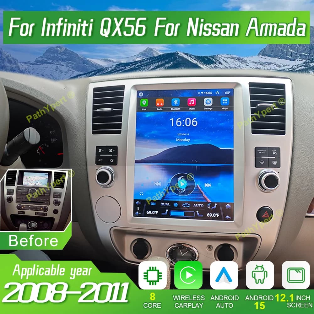 12.1''Android 15 For Infiniti QX56 For Nissan Armada 2008 2009 2010 2011 Multimedia Player Car Radio Stereo Carplay BT Head Unit
