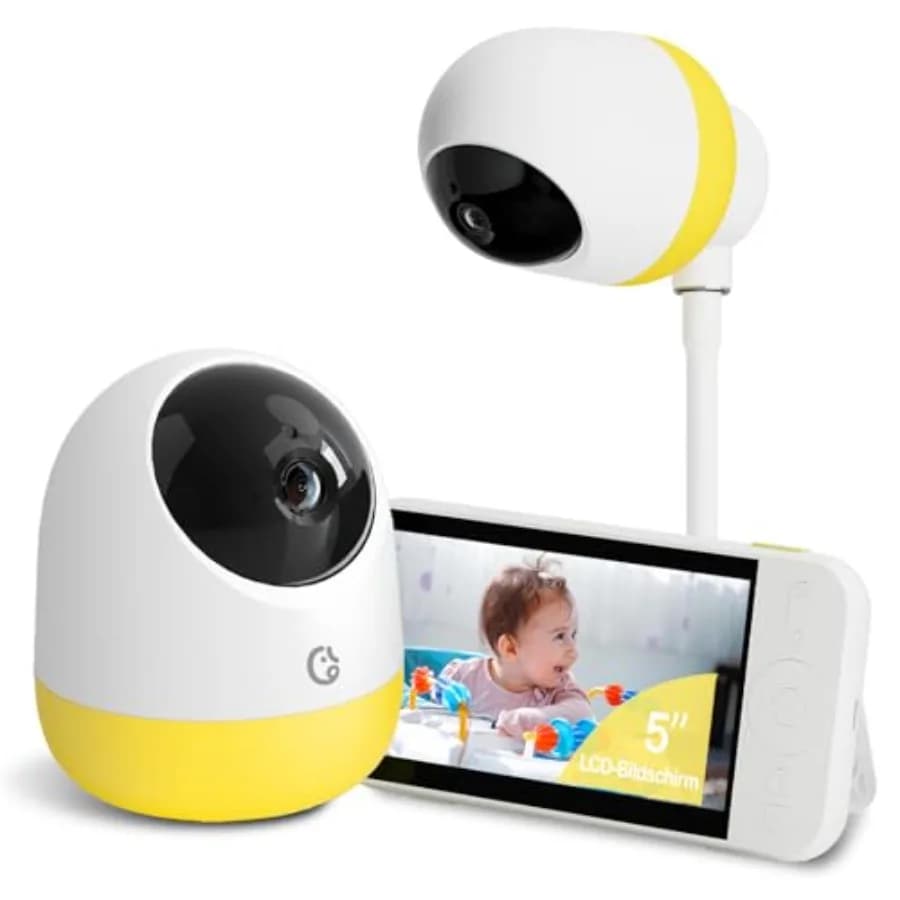 Monitor per Bambini Ellie Pro con Telecamera e Audio, Schermo IPS 5'' con Risoluzione 2K UHD, Batteria da 6000mAh, Rotazione e Inclinazione Remota, Zoom 5X, Comunicazione Bidirezionale, Senza Wi-Fi