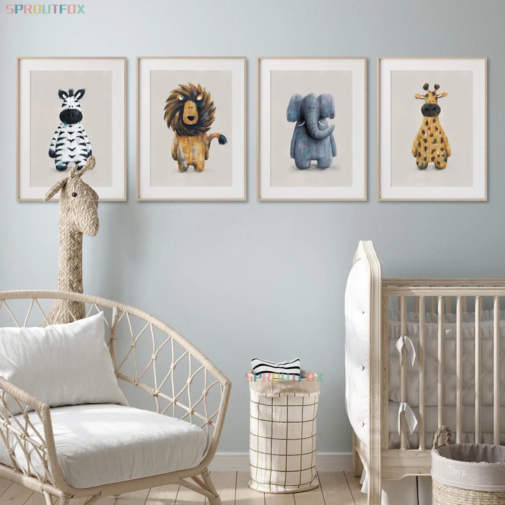 Giraffe, Lions, Elephant Canvas Wall Art, Animal Poster Prints Picture No Frame Bedroom Nursery Kids Room Decor for Boy Girl