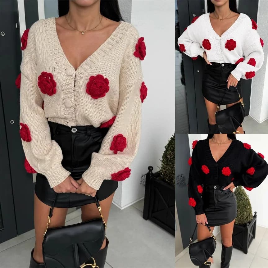 Cardigan Women Sweaters Knitted Floral V Neck Full Sleeve Jumpers Y2k Streetwear Elegant Floral Knit Open Stith Autumn Winter