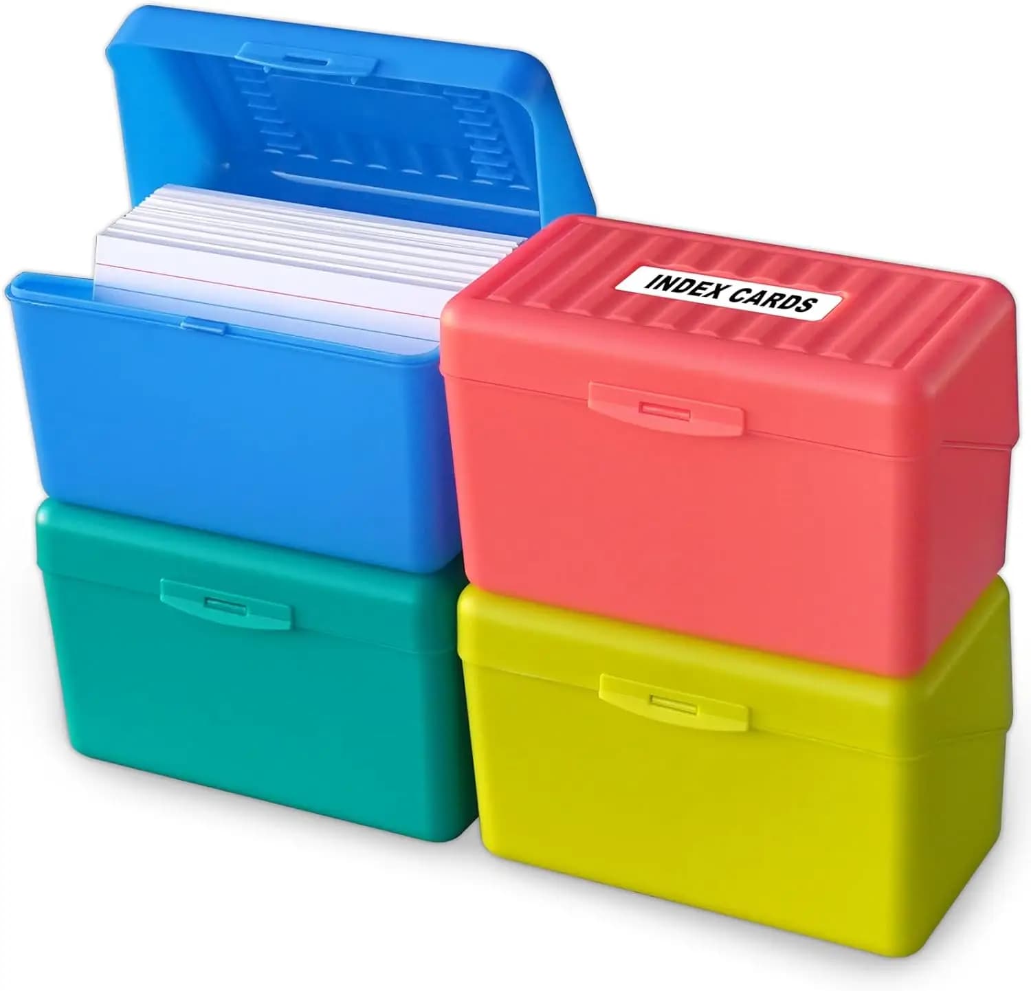Confezione da 4 Scatole Porta Schede 3x5, Custodia in Plastica Robusta per Flashcard, Appunti, Ricette, Capacità 300 Schede, Colori Assortiti