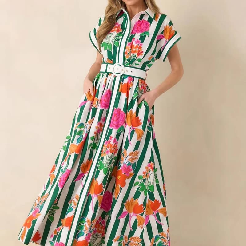 Casual Pocket Hight Waist Party Dresses Women Fashion Pattern Print Short Sleeve Dress Elegant Lapel Match Belt Waist Long Dress