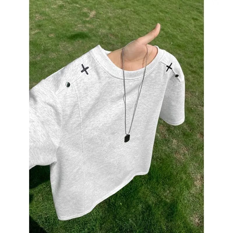 Cool Trendy Men's Short Sleeve T-Shirt Heavyweight American Style Cross Decoration Standard Fit Breathable Skin-friendly Summ...