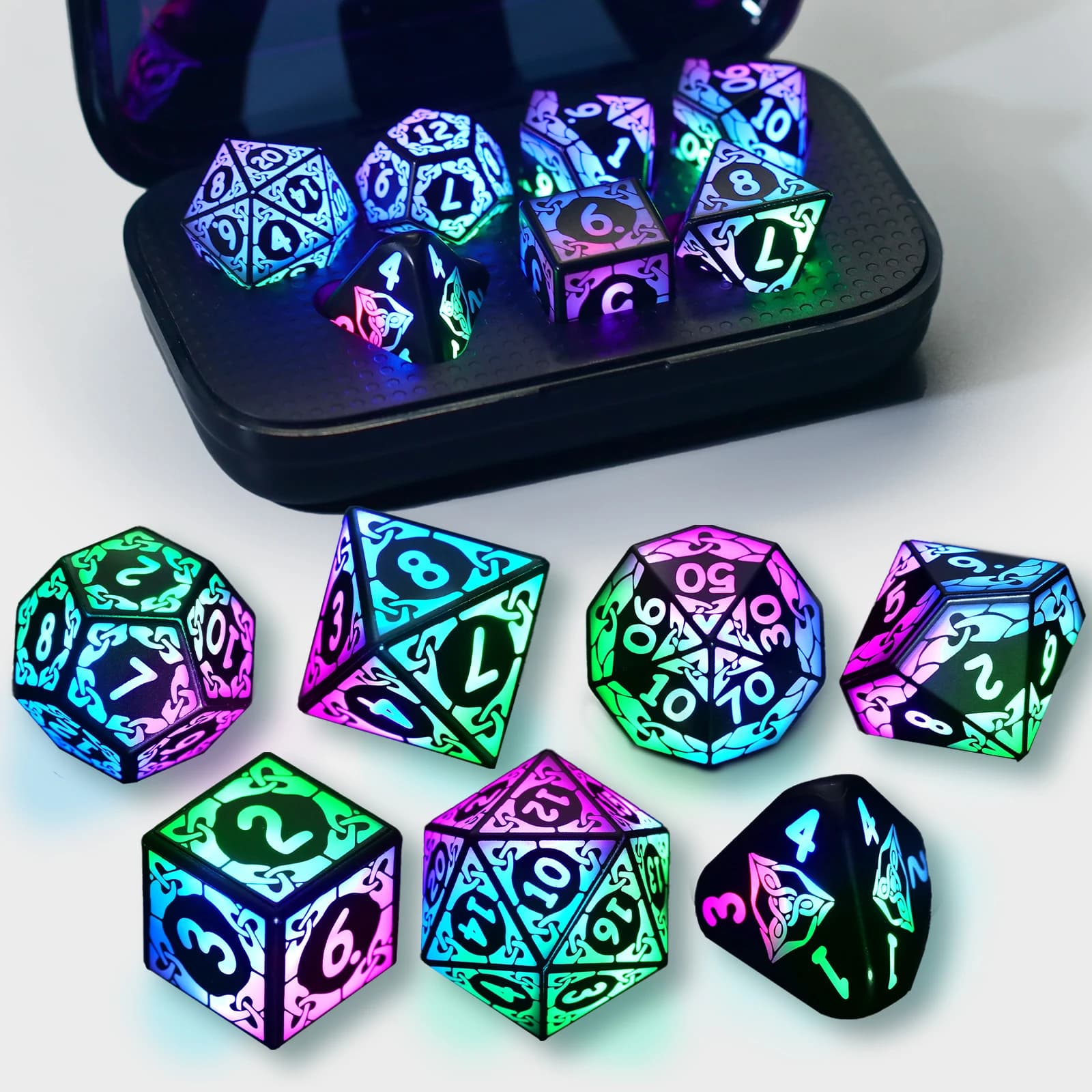 Set di Dadi LED DND, Dadi Luminosi Multicolore con Ricarica Wireless per Dungeons and Dragons, Dadi per Giochi di Ruolo, Regali DND