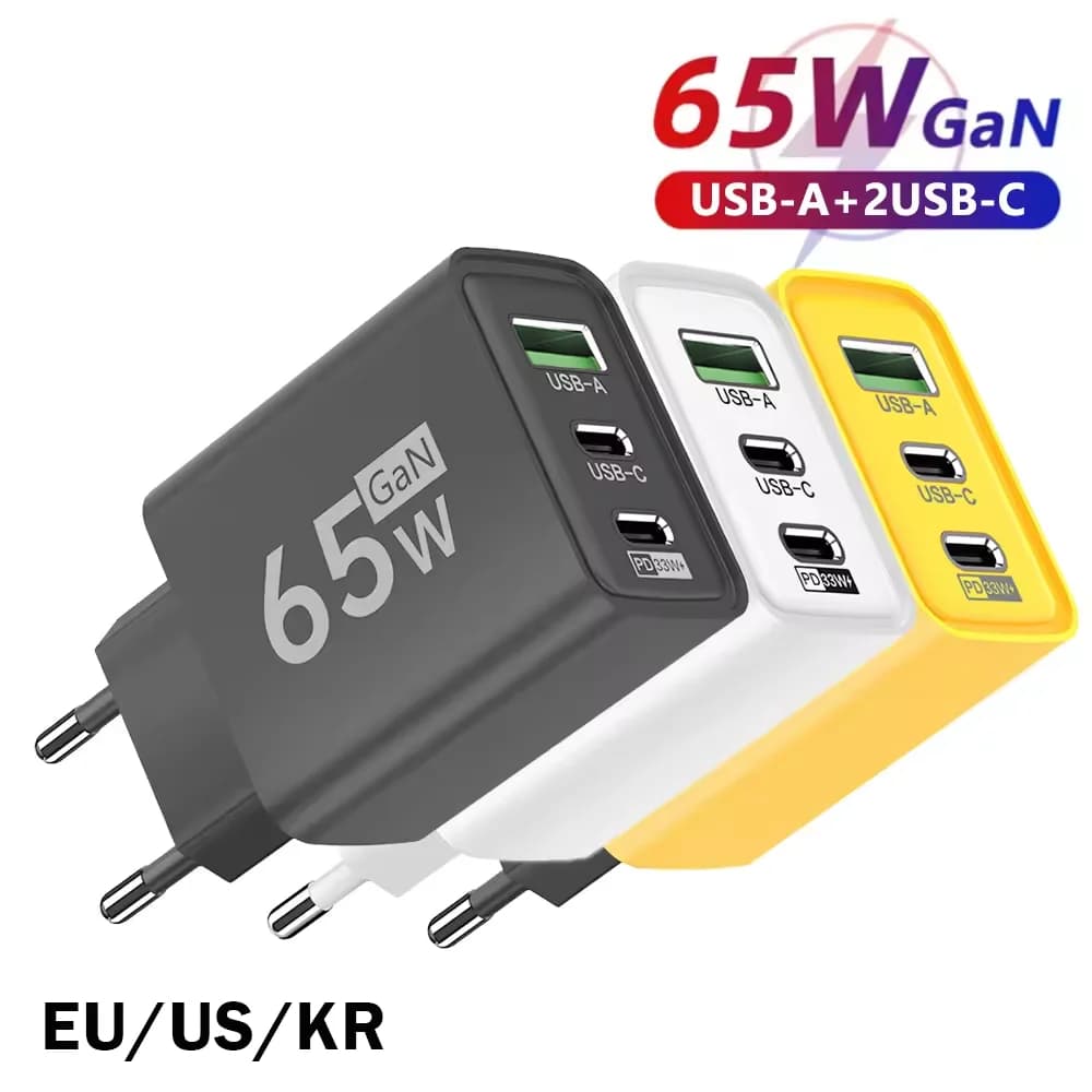Caricatore da Muro USB C GaN 65W a 3 Porte, Adattatore di Ricarica Rapida PD per iPhone Samsung iPad MacBook, Caricatore da Viaggio con Spina Pieghevole