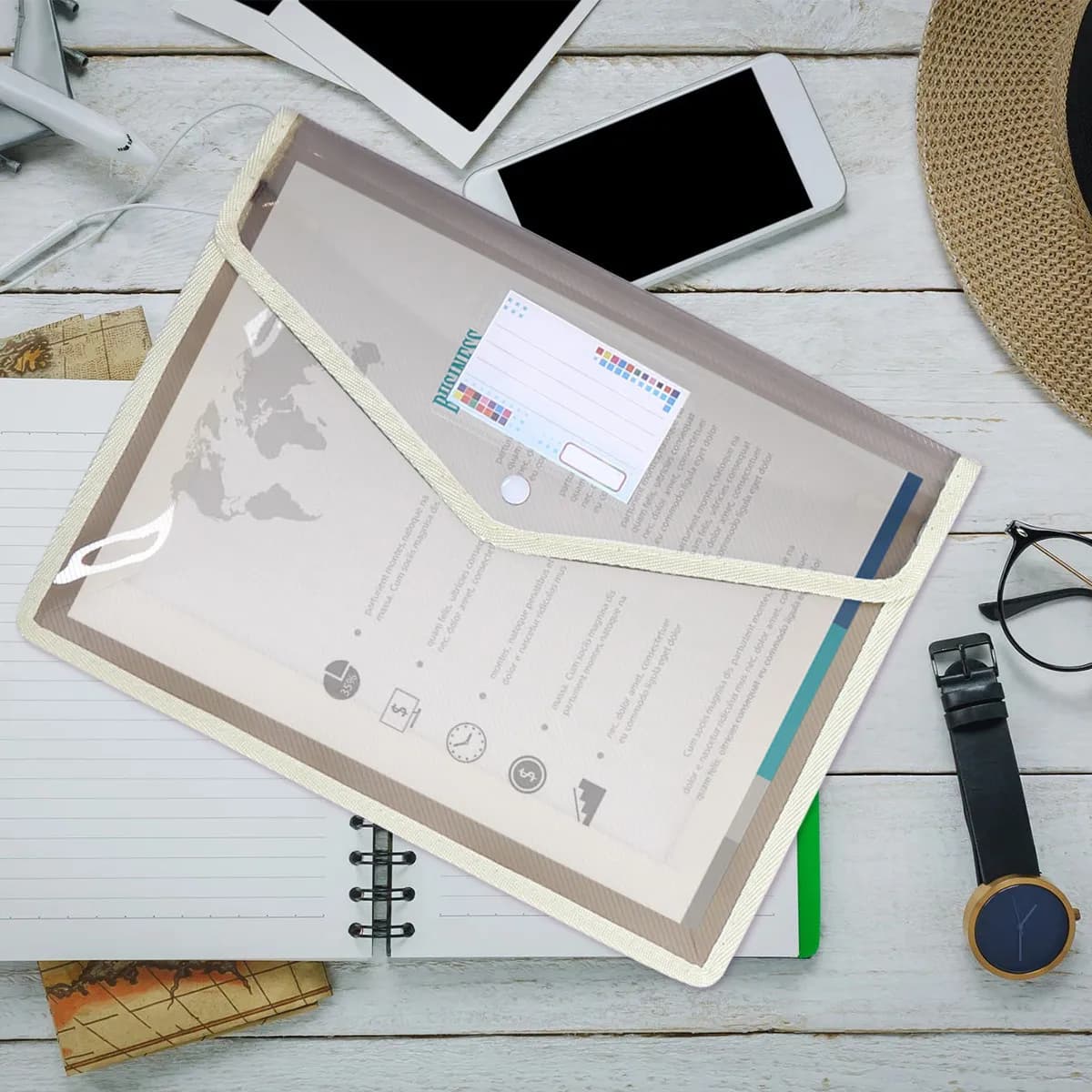 Contenitore per archiviazione di documenti impermeabile A4 da 3 pezzi, cartelle per documenti trasparenti, materiale in PVC con bottone a pressione, per cancelleria per ufficio e scuola