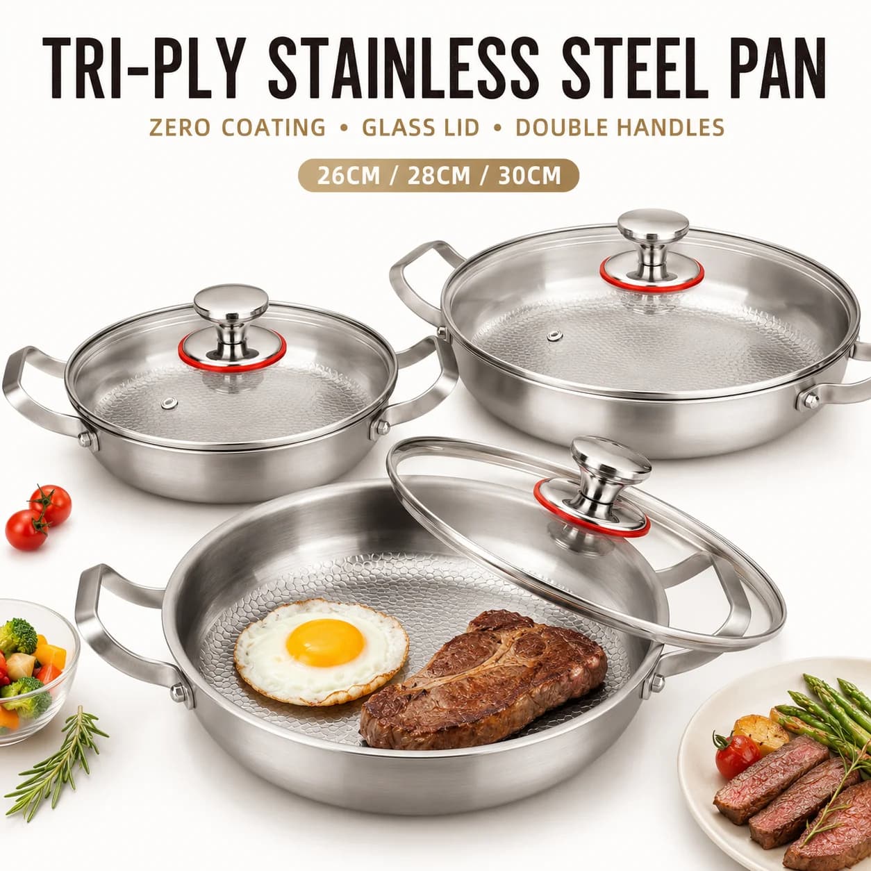26/28/30cm Stainless Steel Frying Pan Uncoated Skillet Tri-Ply Cookware Hammered Pan With Glass Lid For Induction Gas Stove